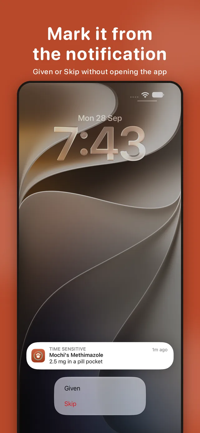 A PillTail reminder on the lock screen with Given and Skip buttons