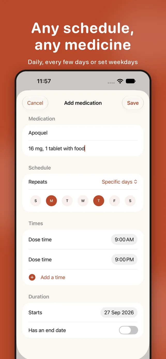 Adding a medication with a schedule on specific weekdays and two dose times
