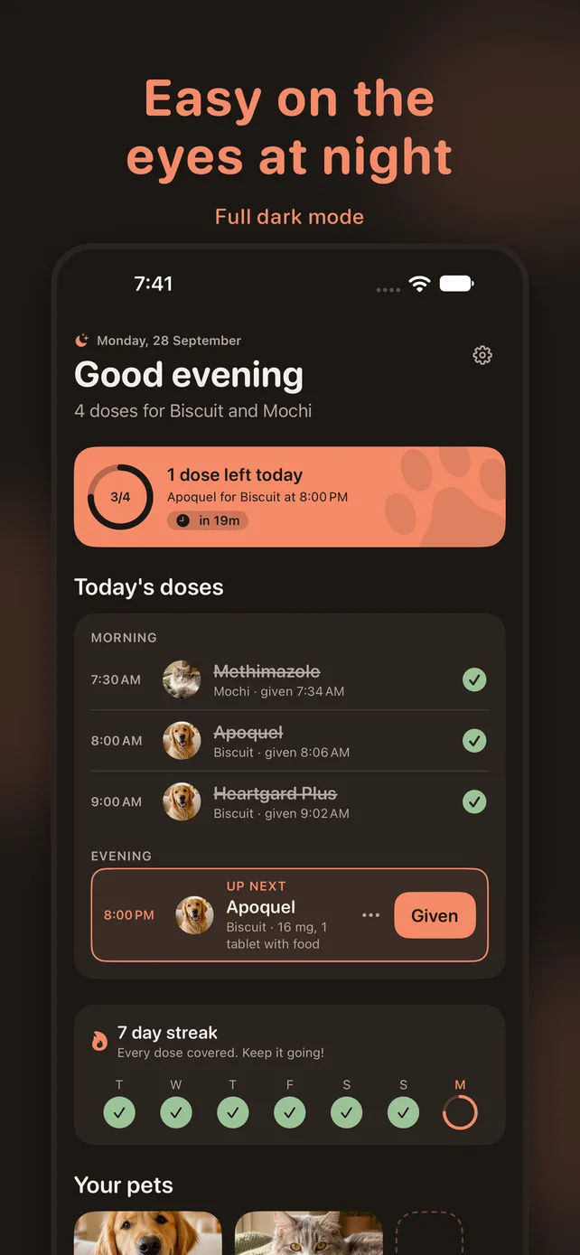 PillTail's Today screen in dark mode